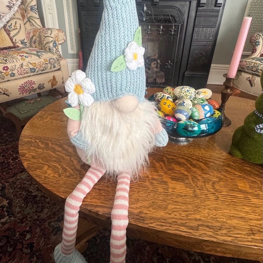 Blue Knit Floral Gnome Plush Decorative Doll